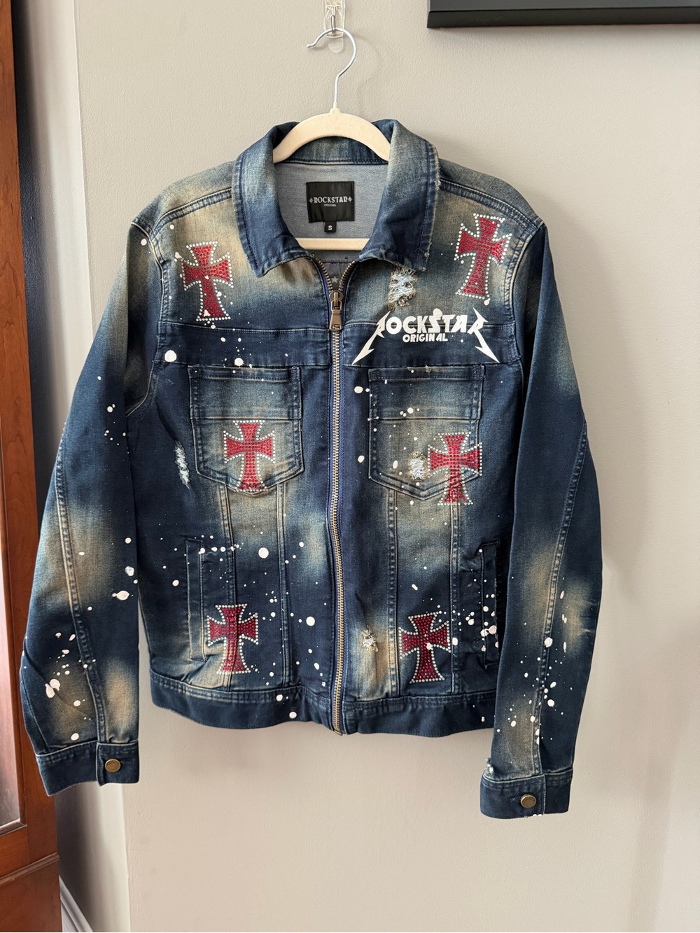 Rockstar Original Women's Distressed Denim Jacket with Red Cross Accents. Small